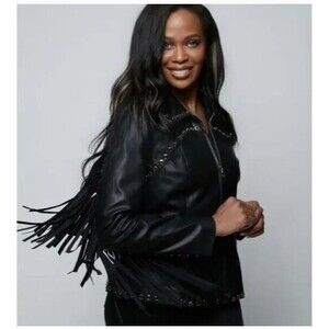 Alberto Makali New York Cowboy Fringe Black Vegan Leather Biker Jacket NWT Sz L